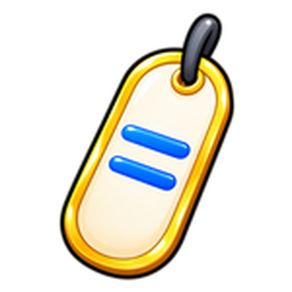 Official Name Tag product icon: a cream tag with a gold rim, a black cord, and two blue lines.
